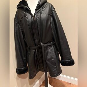 Wilson’s Black Leather Genevieve Hooded Coat with Fur Trim Belt Women XXL